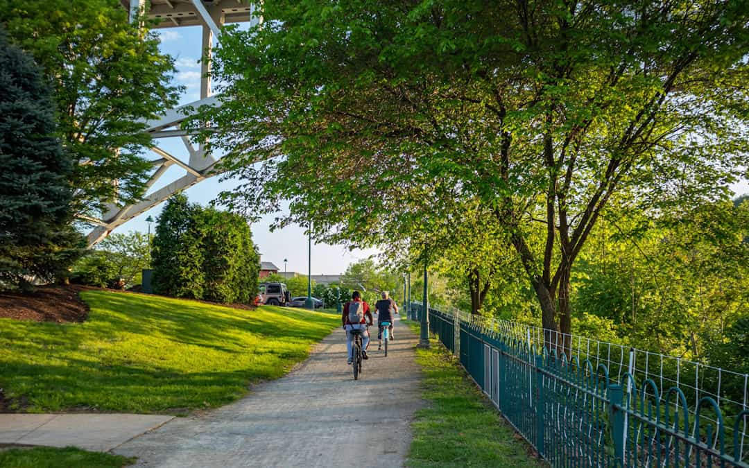Bike riders during spring in Pittsburgh when increased pollen levels can cause eye allergies.