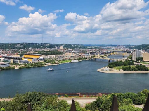 Summer day view of Point State Park and the confluence of Pittsburgh's three rivers.