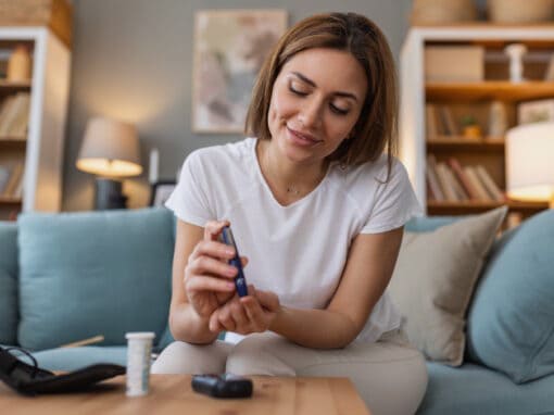 Woman in Pittsburgh taking blood sugar test as one step in preventing diabetic retinopathy.