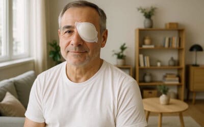 Man recovering from cataract surgery in Pittsburgh with bandage over left eye.