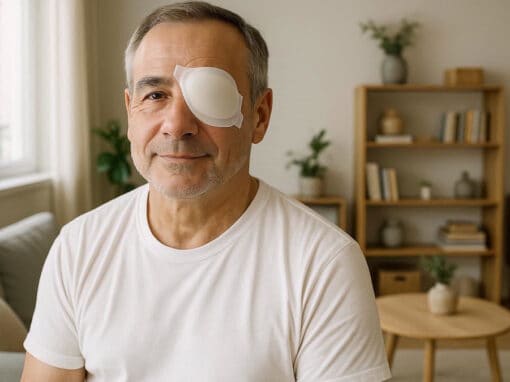 Man recovering from cataract surgery in Pittsburgh with bandage over left eye.