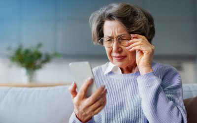 Senior woman in Pittsburgh having trouble reading phone screen potential eye disease warning sign.