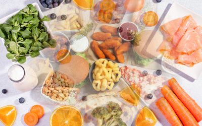 Photo collage of foods to avoid and foods to eat after cataract surgery.