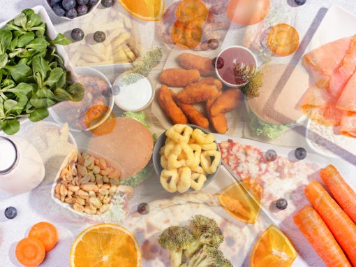 Photo collage of foods to avoid and foods to eat after cataract surgery.