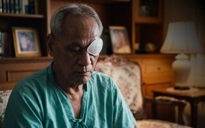Elderly man recovering from cataract surgery.