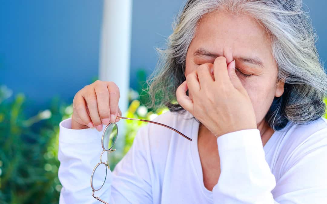 senior-woman-diabetes-blurry-vision Senior woman with diabetes experiencing blurry vision.